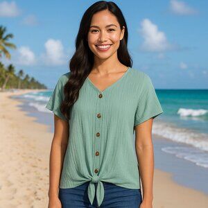 Weatherproof Vintage Top Women's Tie Front Top Waist Tie Knot V-neck NWT